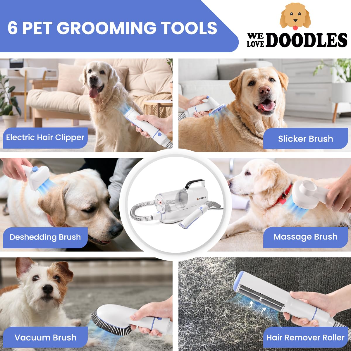 We Love Doodles one-point-five-liter dust cup reduces pauses during grooming.
