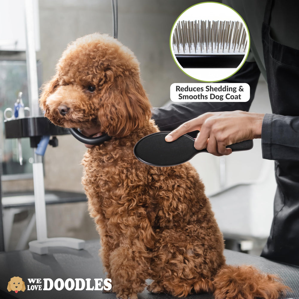 We Love Doodles Pin Brush detangling action on long hair dogs.