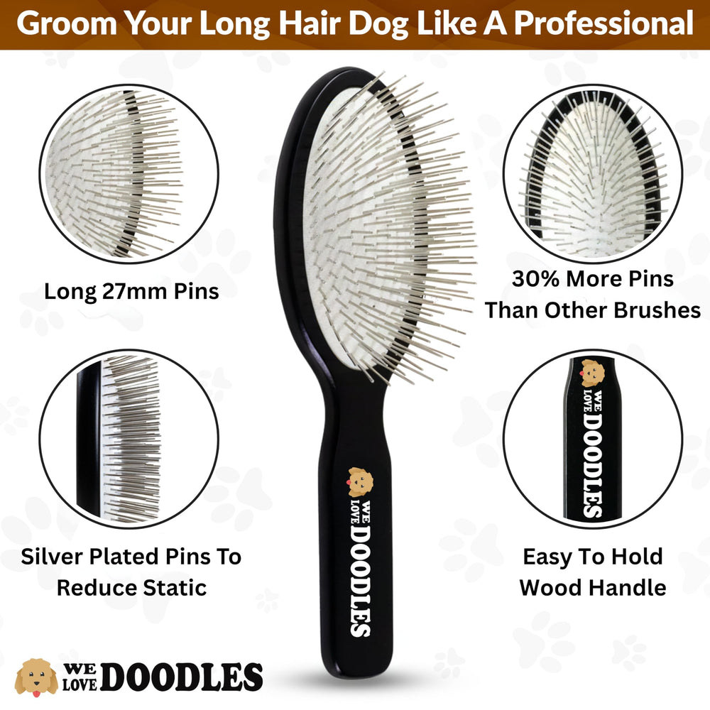 We Love Doodles Pin Brush, silver plated pins close-up for smoother detangling.