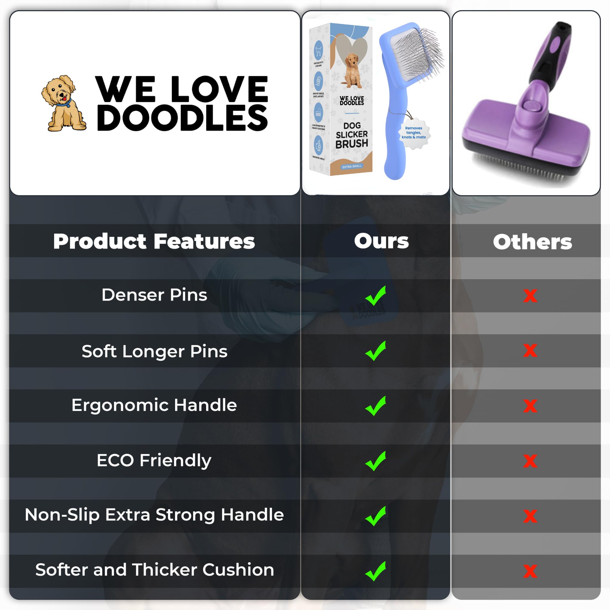 We Love Doodles professional quality brush for detangling and shedding.
