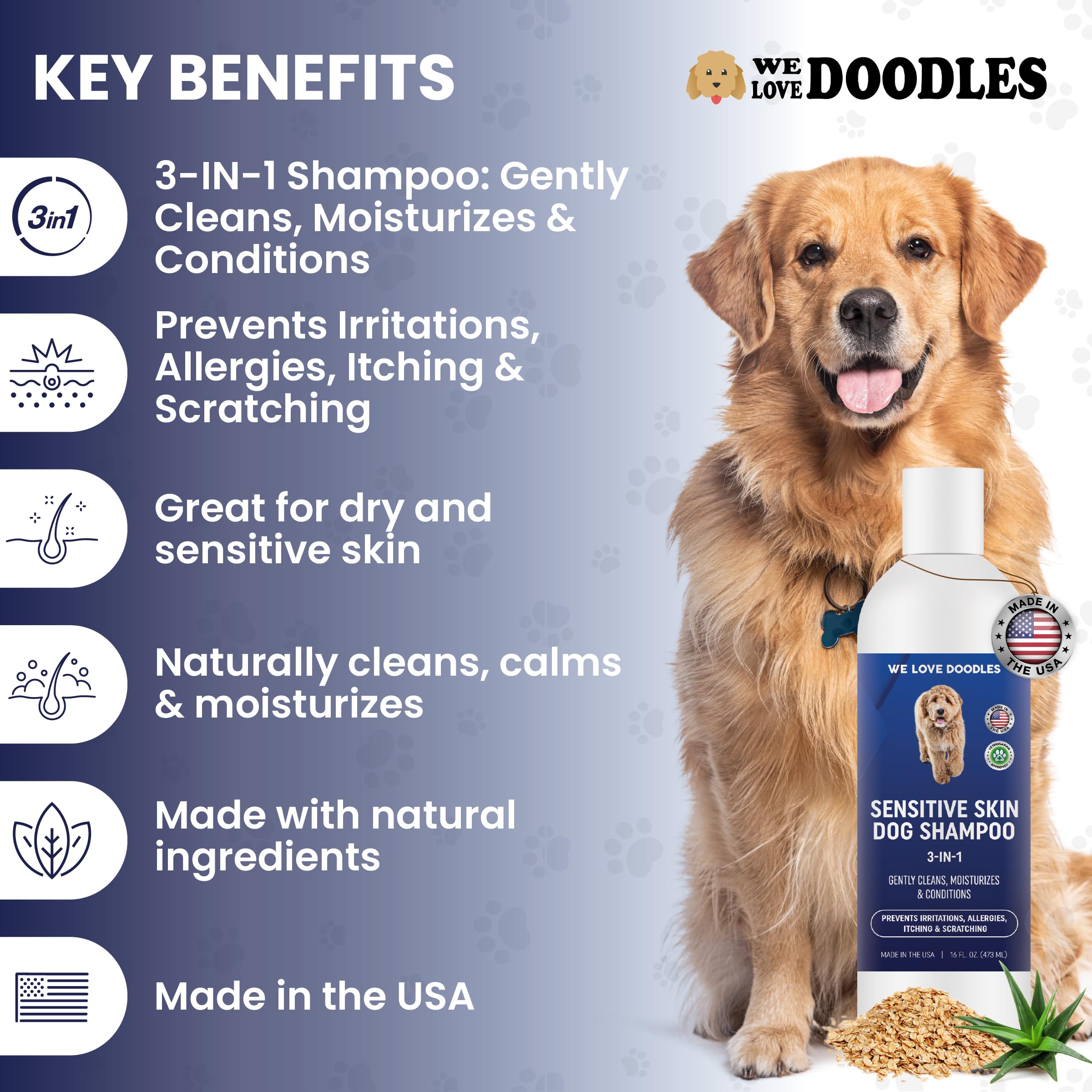 We Love Doodles sensitive-skin shampoo lather close-up highlights soft, hydrated coat.