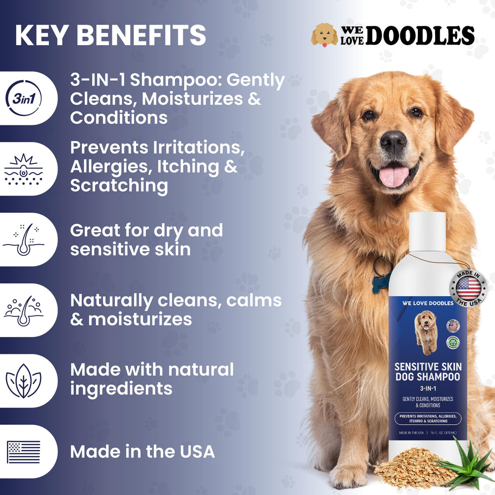 We Love Doodles sensitive-skin shampoo lather close-up highlights soft, hydrated coat.