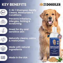 We Love Doodles sensitive-skin shampoo lather close-up highlights soft, hydrated coat.