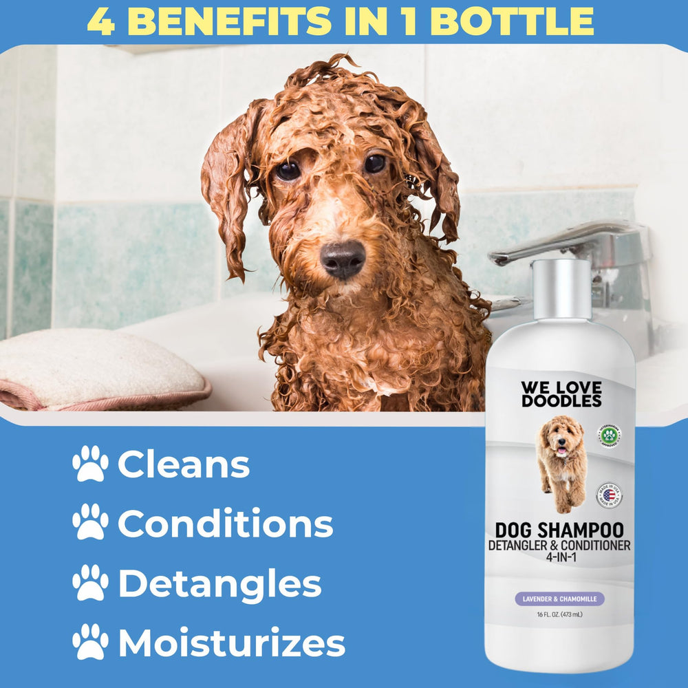 We Love Doodles shampoo lather close-up on fluffy dog fur, detangling