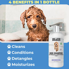 We Love Doodles shampoo lather close-up on fluffy dog fur, detangling