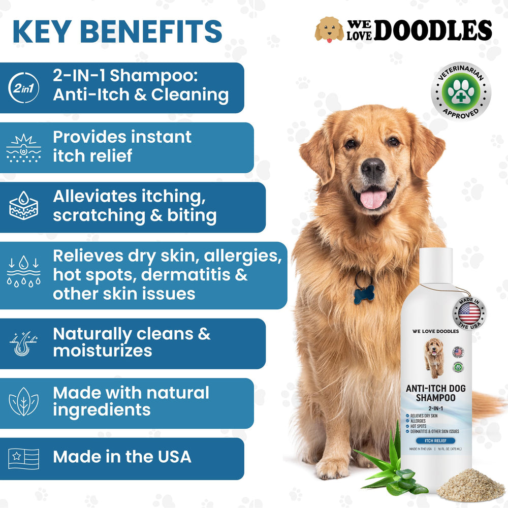 We Love Doodles shampoo lathering on a dog for thorough coat cleansing without harsh irritants.
