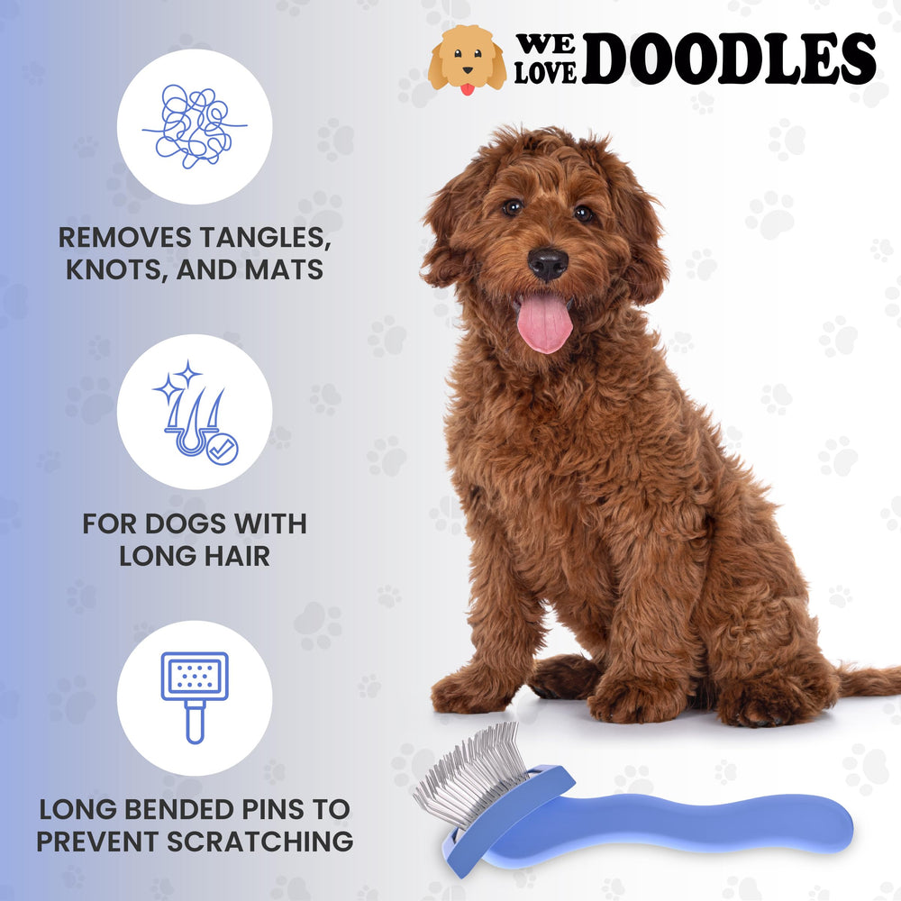We Love Doodles slicker brush 45-degree pins — protects skin while brushing from head to tail.
