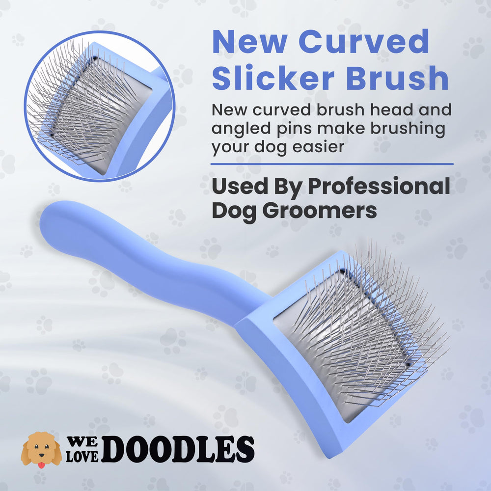 We Love Doodles slicker brush coat glide — reduces tangles and makes grooming quicker.