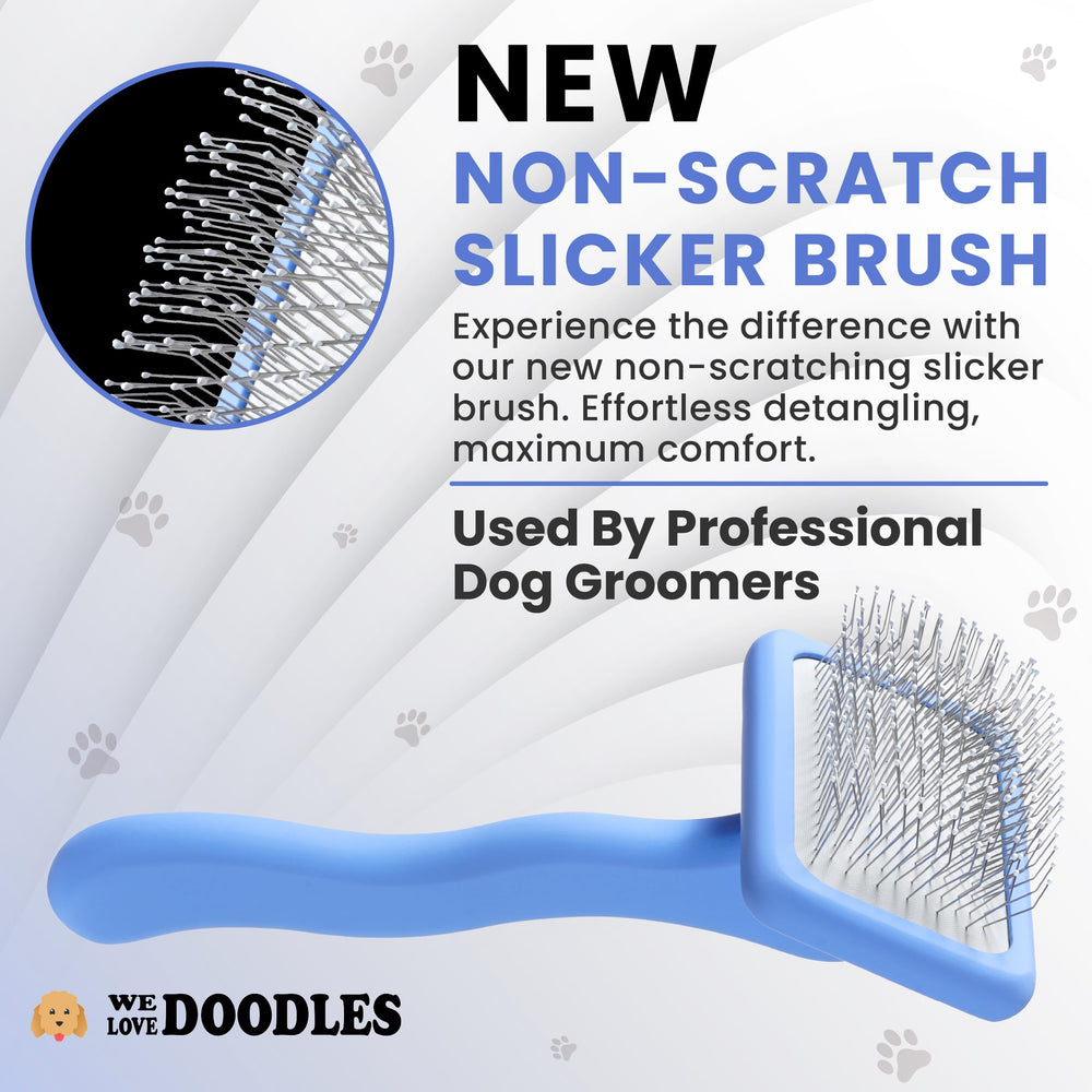 We Love Doodles slicker brush ergonomic handle for comfortable, precise grooming sessions.