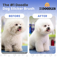 We Love Doodles slicker brush ergonomic handle — comfortable grip for longer brushing sessions.