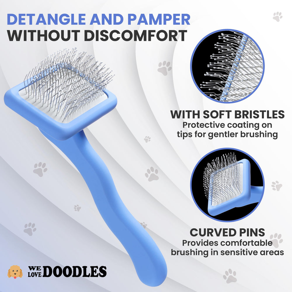 We Love Doodles long-pin design reaches deep, gentle brushing without skin scratching.