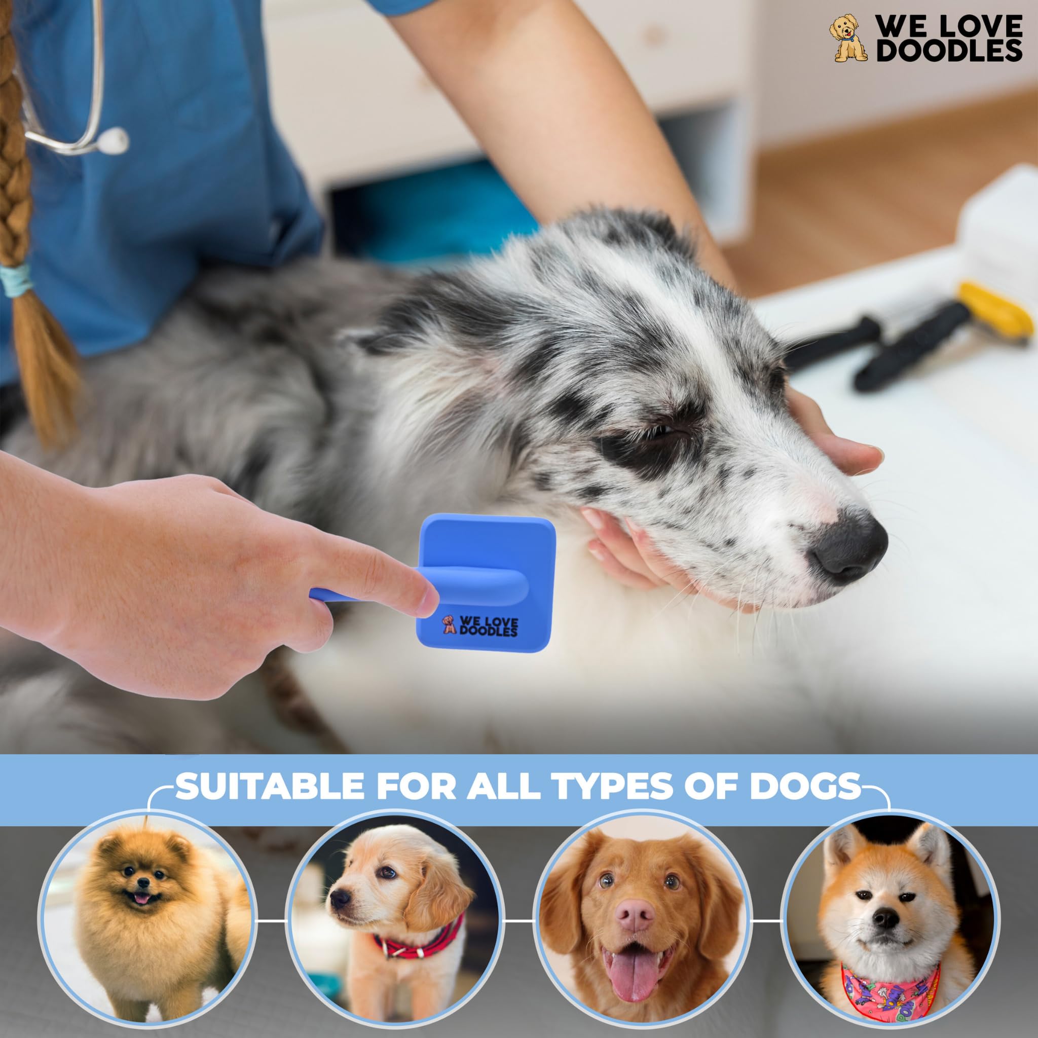 We Love Doodles soft pins glide through curly coats with less snagging.