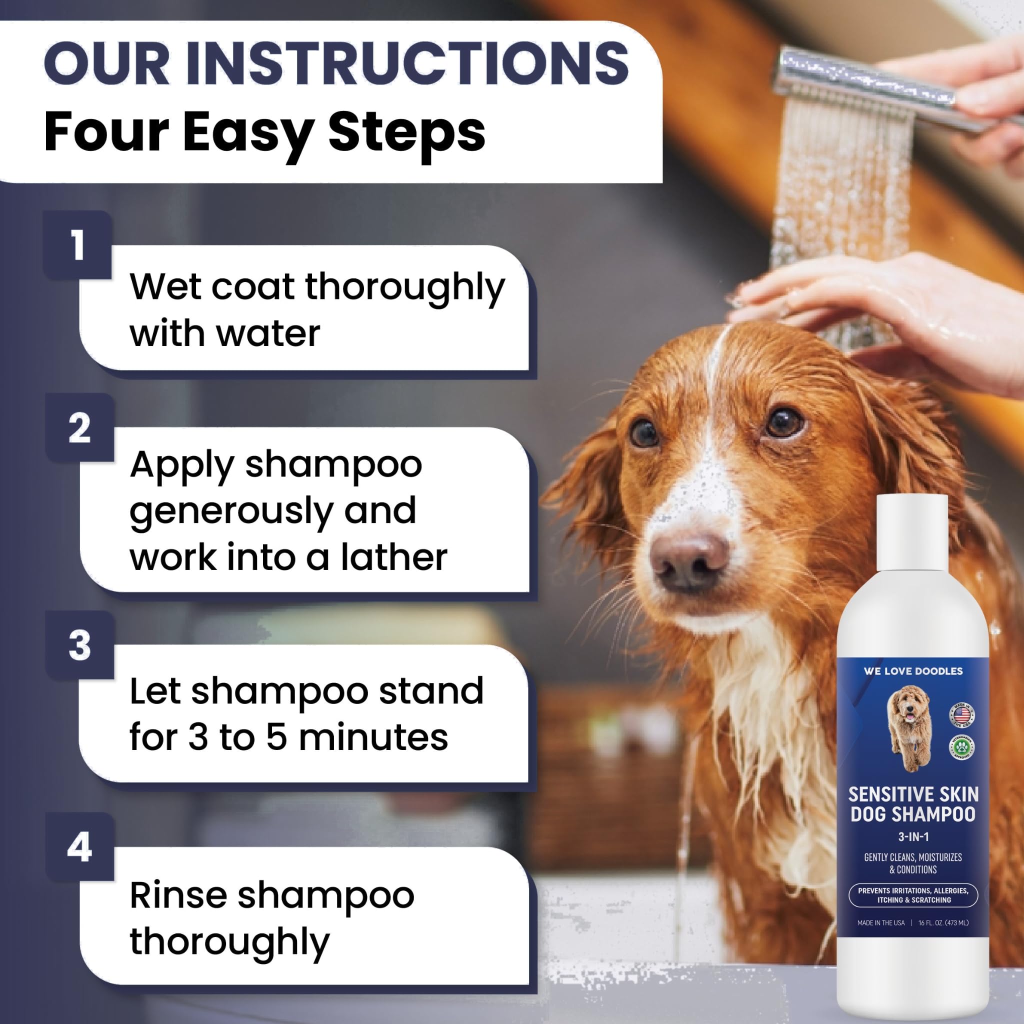 We Love Doodles US-made shampoo leaves deodorizing, fresh scent after wash.