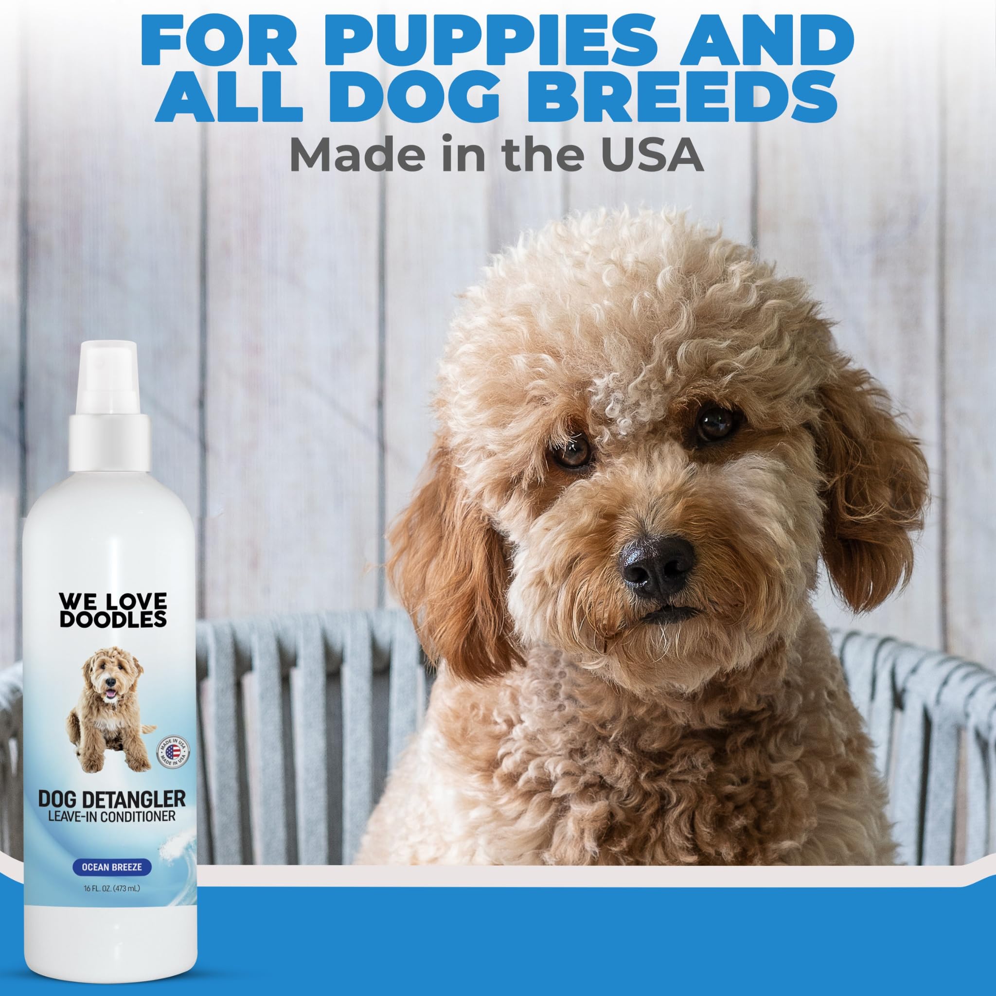 We Love Doodles USA made detangler resting on a grooming station