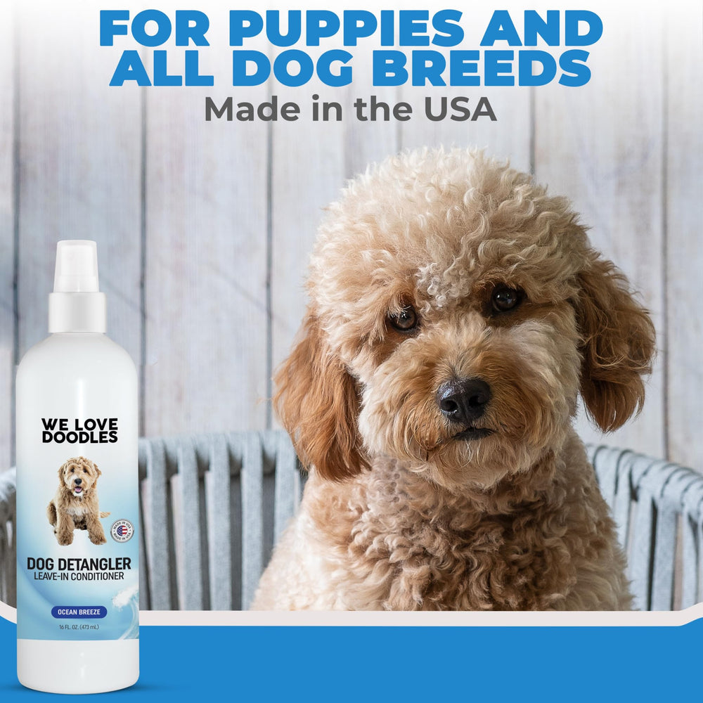 We Love Doodles USA made detangler resting on a grooming station