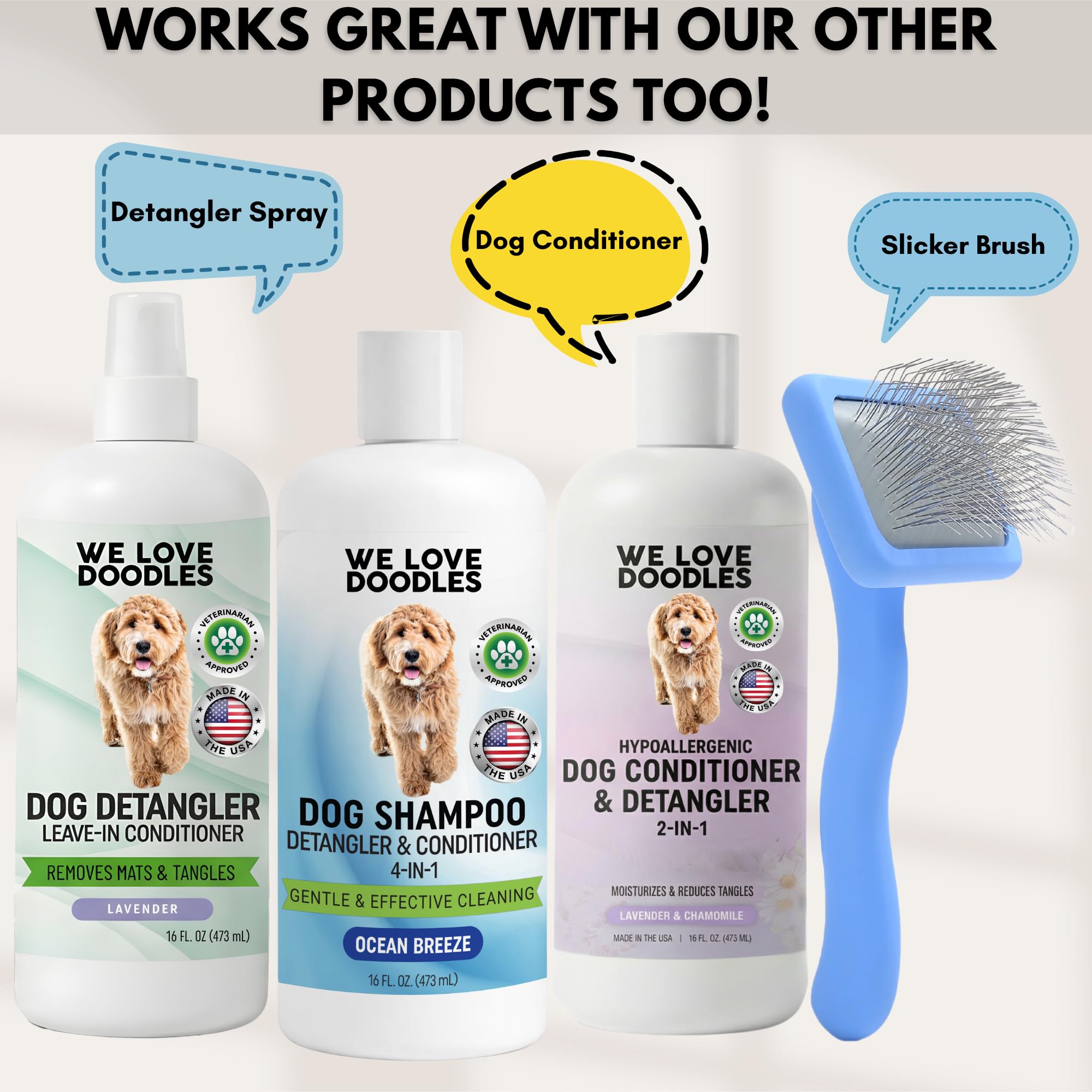 We Love Doodles USA-made grooming product packaging and premium ingredients