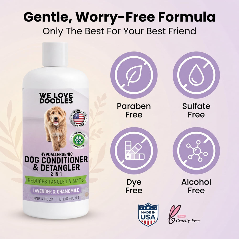 We Love Doodles 16oz bottle shown for routine grooming and detangling benefits.