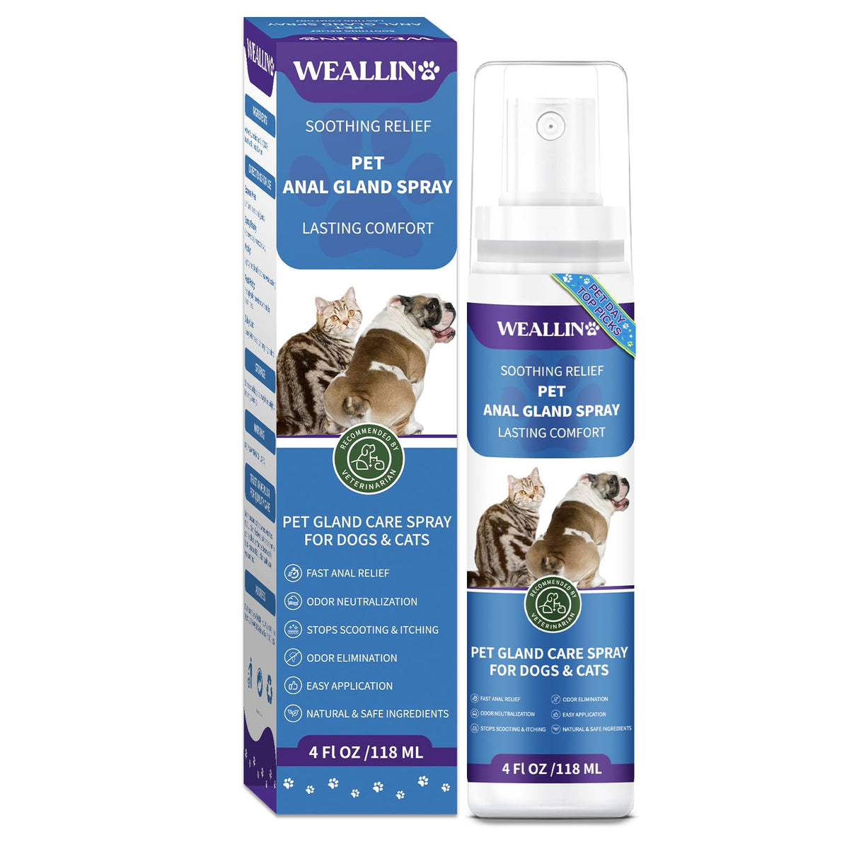 WEALLIN Anal Gland Spray bottle front, safe formula for dogs and cats.