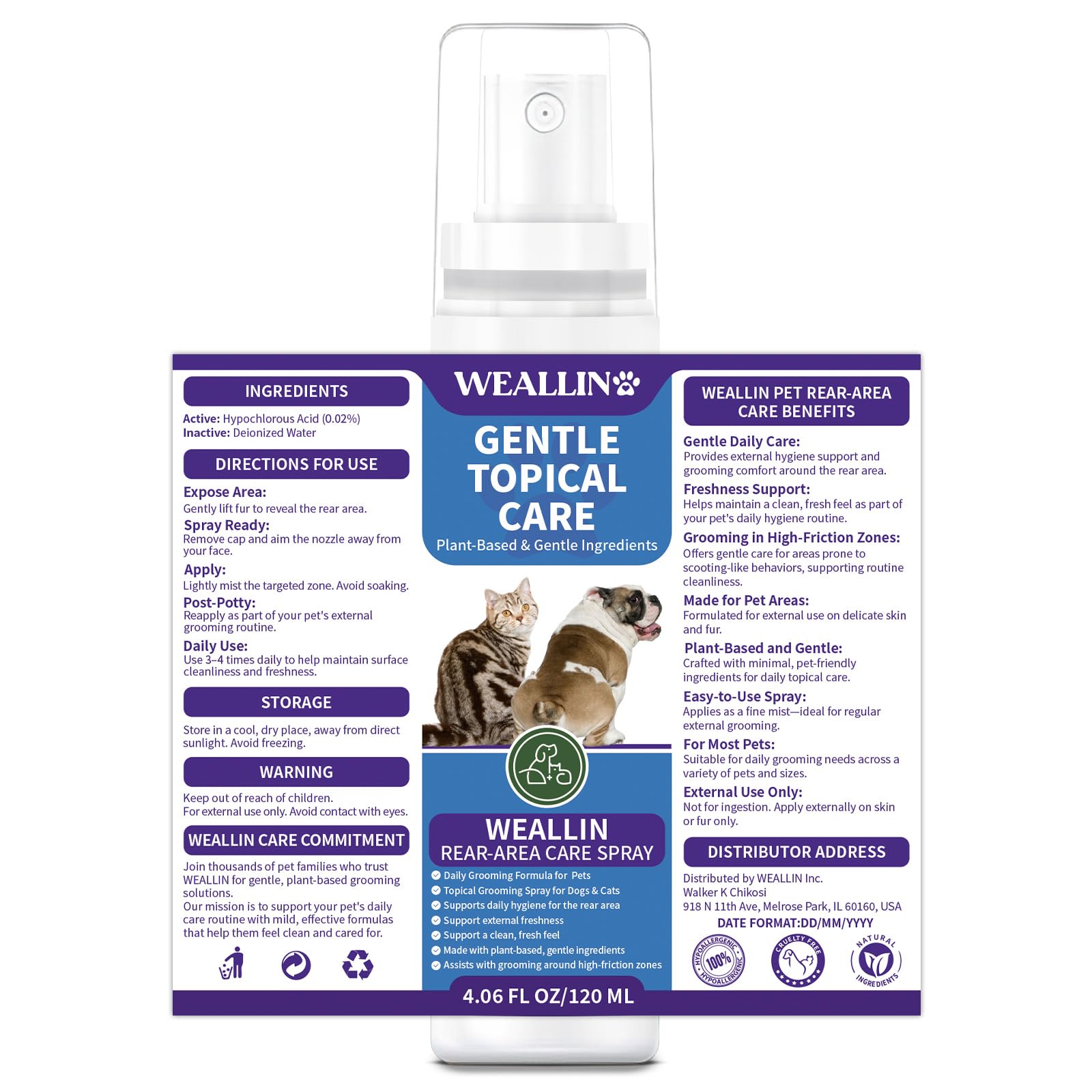 WEALLIN bottle highlights HOCl-based, hypoallergenic formula.