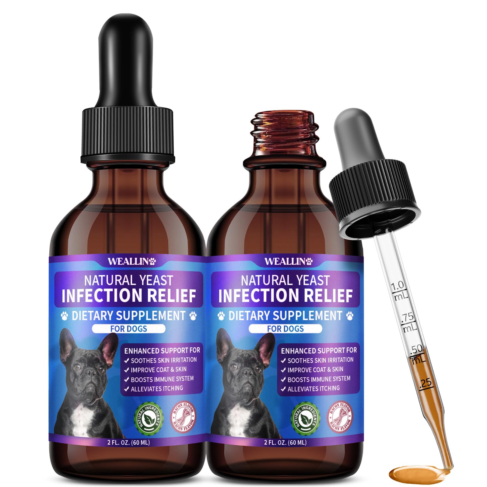 WEALLIN bacon-flavored drops bottle supporting gentle yeast balance in dogs.