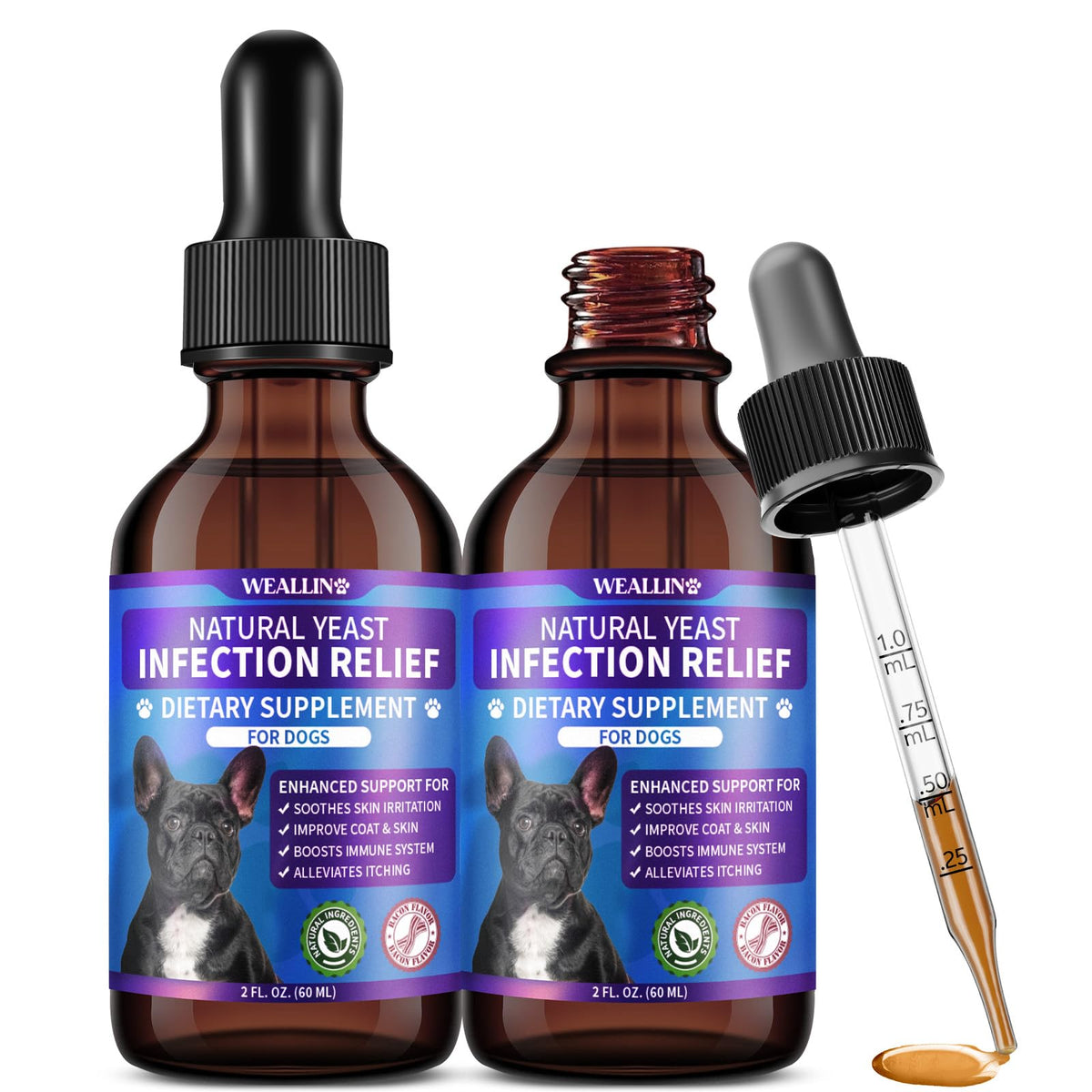 WEALLIN bacon-flavored drops bottle supporting gentle yeast balance in dogs.