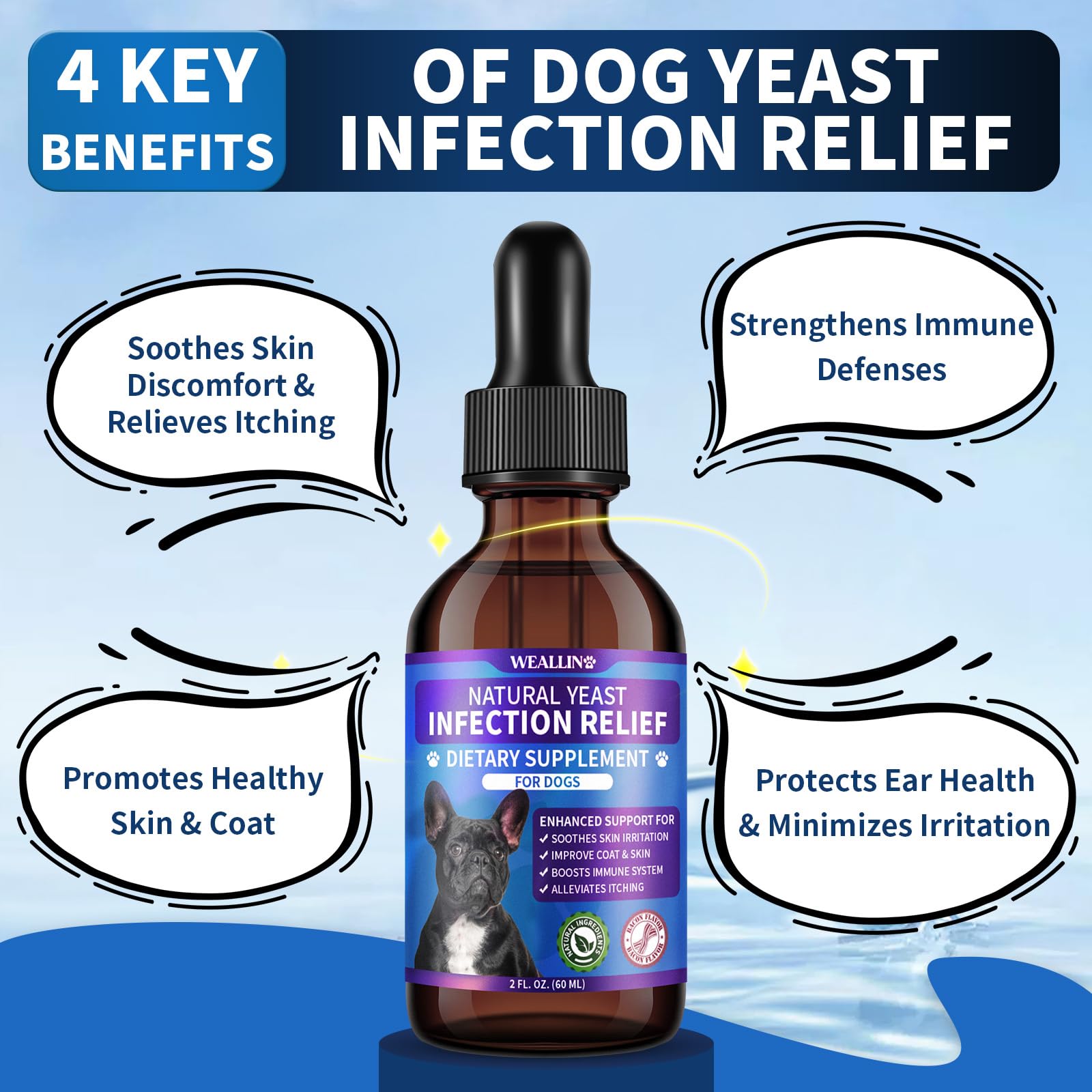 WEALLIN natural yeast drops poured into dog food for absorption.