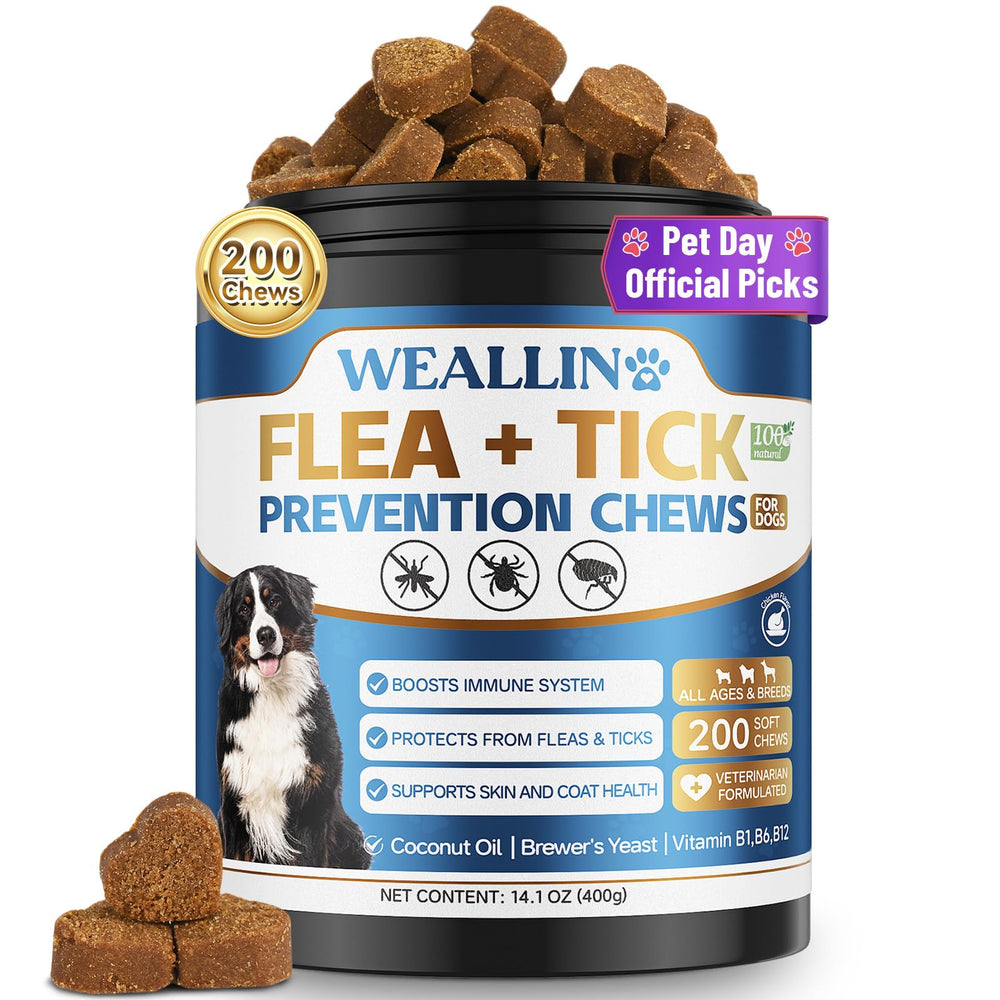 WEALLIN flea and tick chews bottle front for all breeds, promoting easy daily protection.