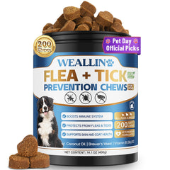 WEALLIN flea and tick chews bottle front for all breeds, promoting easy daily protection.