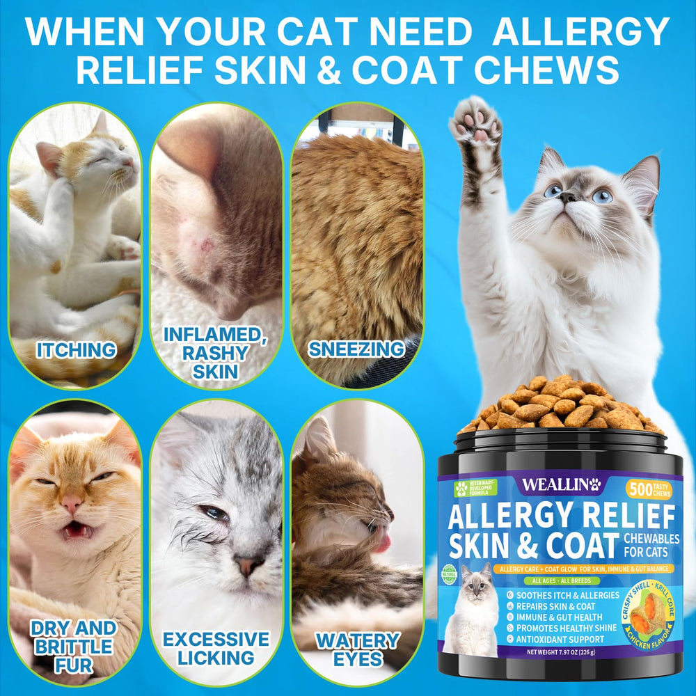 WEALLIN cat allergy relief chews bottle label closeup emphasizes natural actives