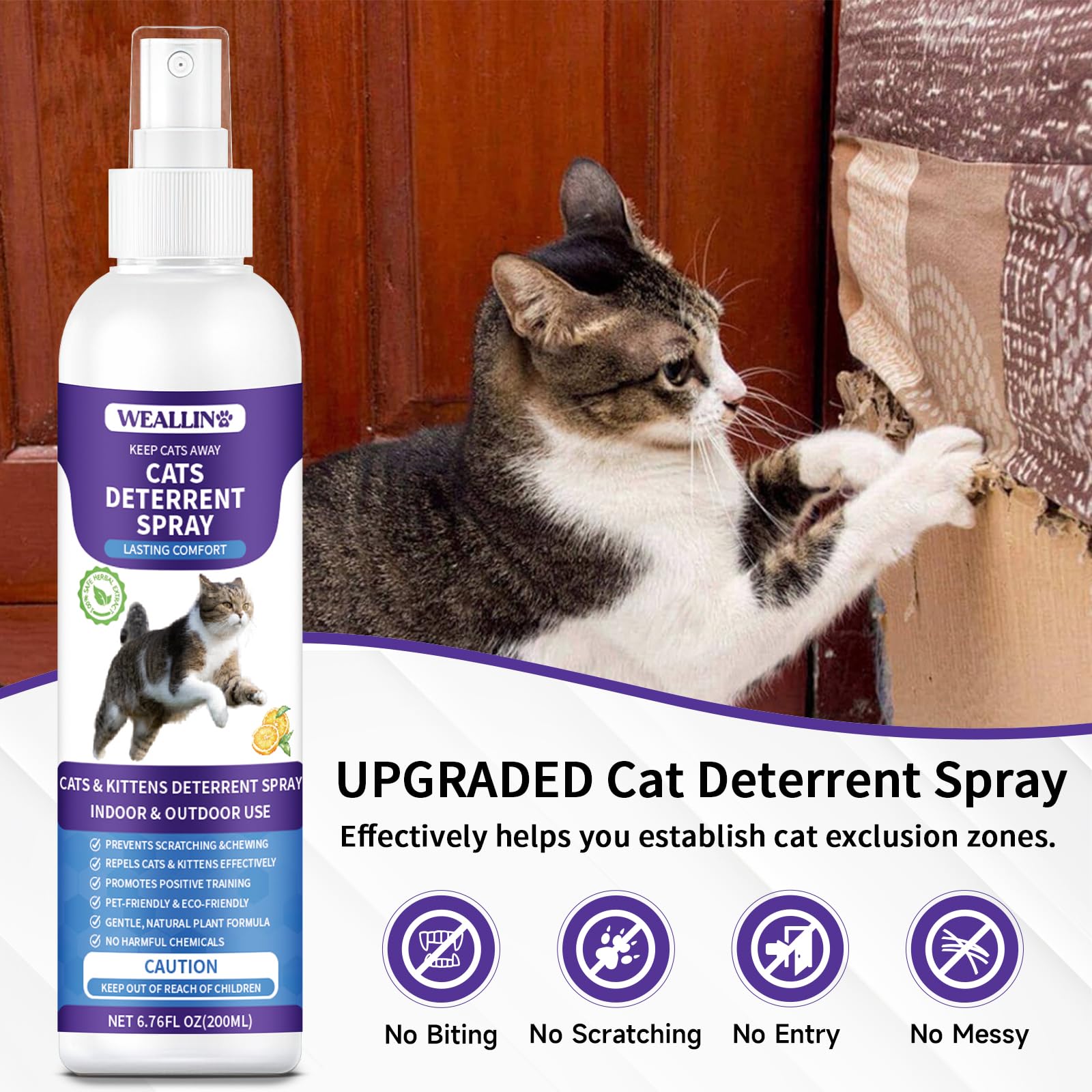 WEALLIN Cat Deterrent Spray for indoor use deters felines from scratching sofas.