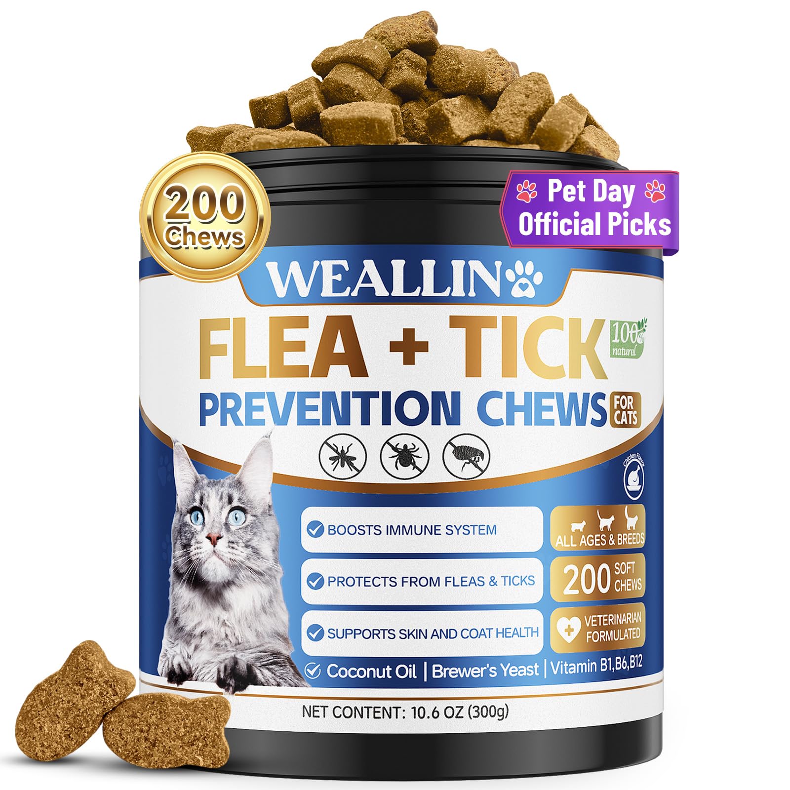 WEALLIN cat flea tick chews bottle showing easy monthly protection.