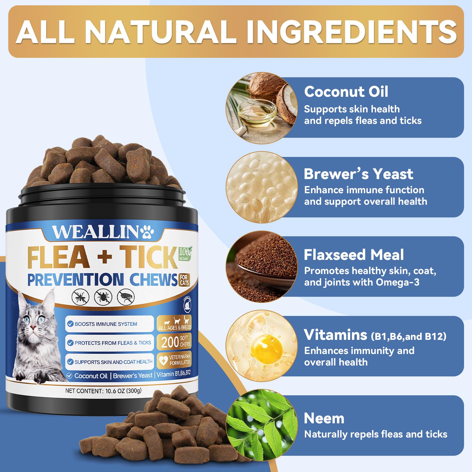 Close-up WEALLIN cat flea tick chews highlighting texture and palatability.