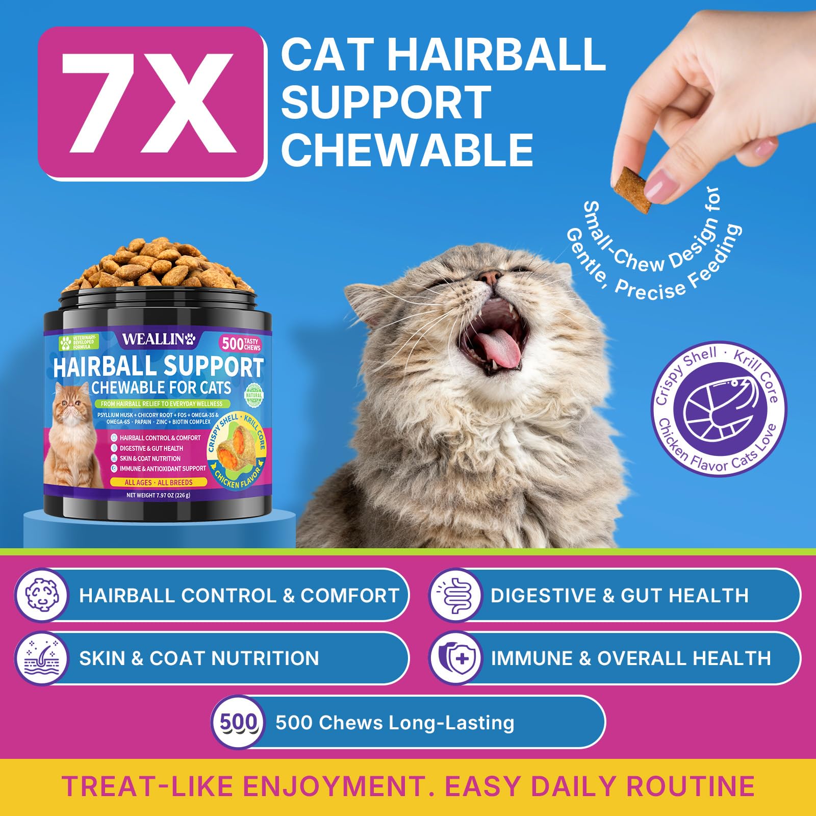 WEALLIN Cat Hairball Chews with krill-core center for balanced nutrition and hairball management.