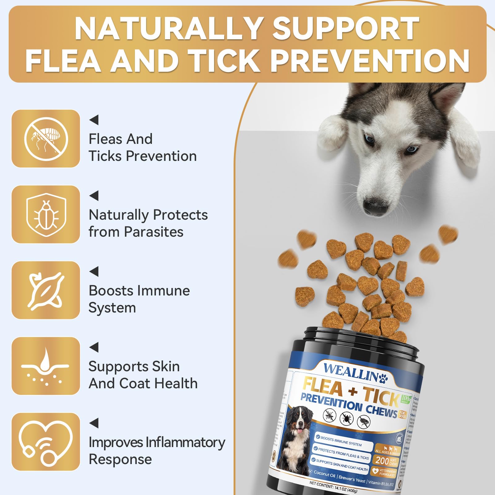 WEALLIN flea and tick chews close-up texture, easy-to-feed bites for dogs.