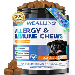 WEALLIN dog allergy relief chews jar front for daily skin comfort.