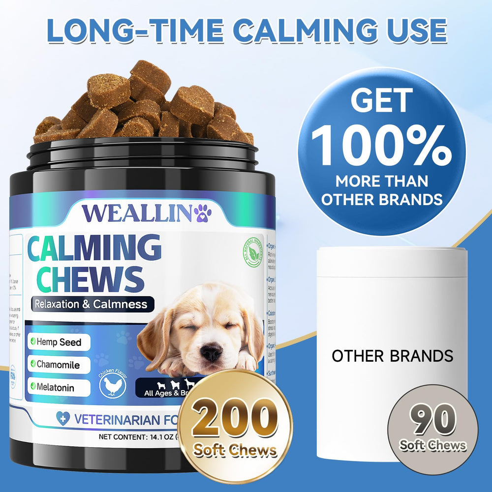 WEALLIN dog calming chews 200-count pack highlighting long-term value