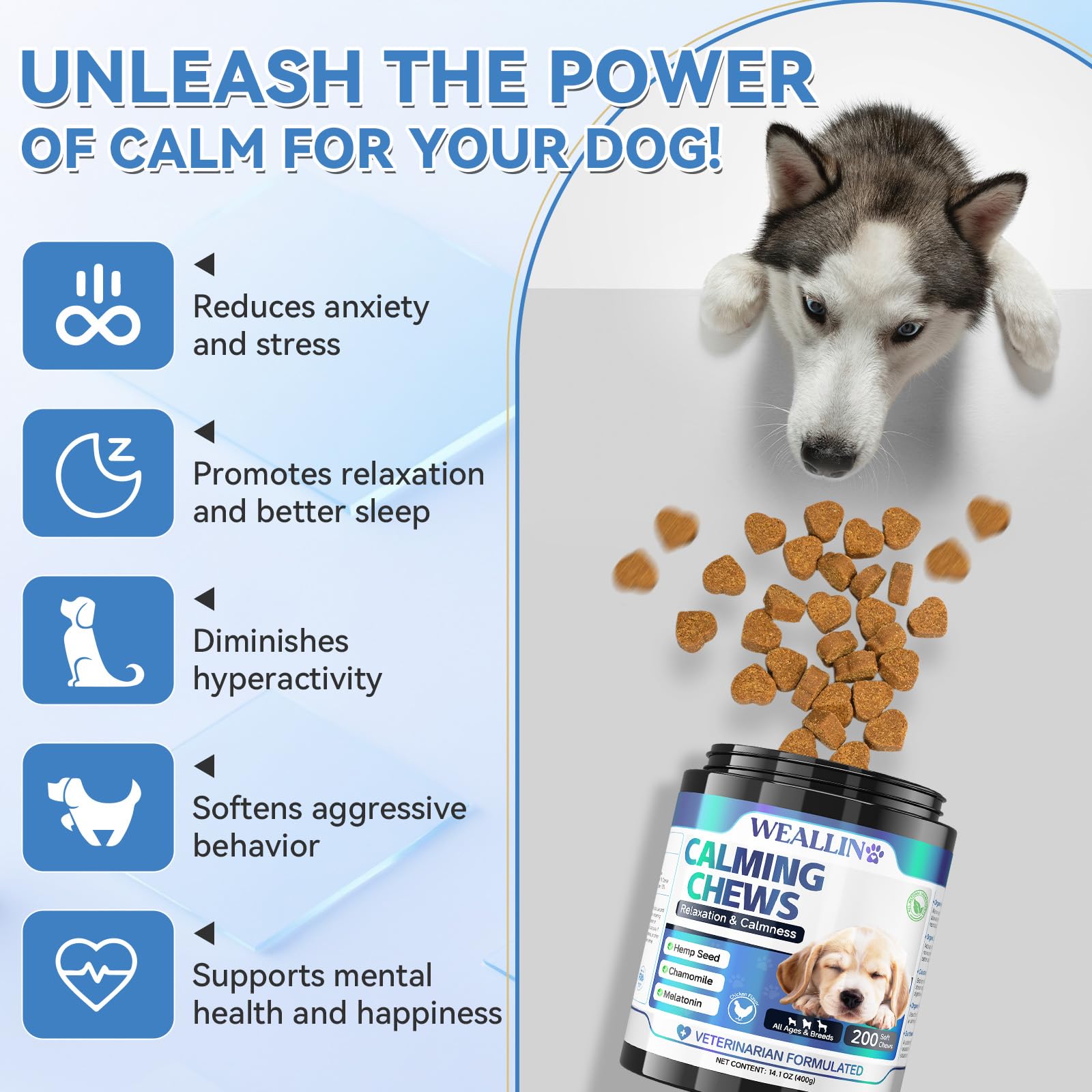 WEALLIN dog calming chews chicken flavor close-up for easy administration