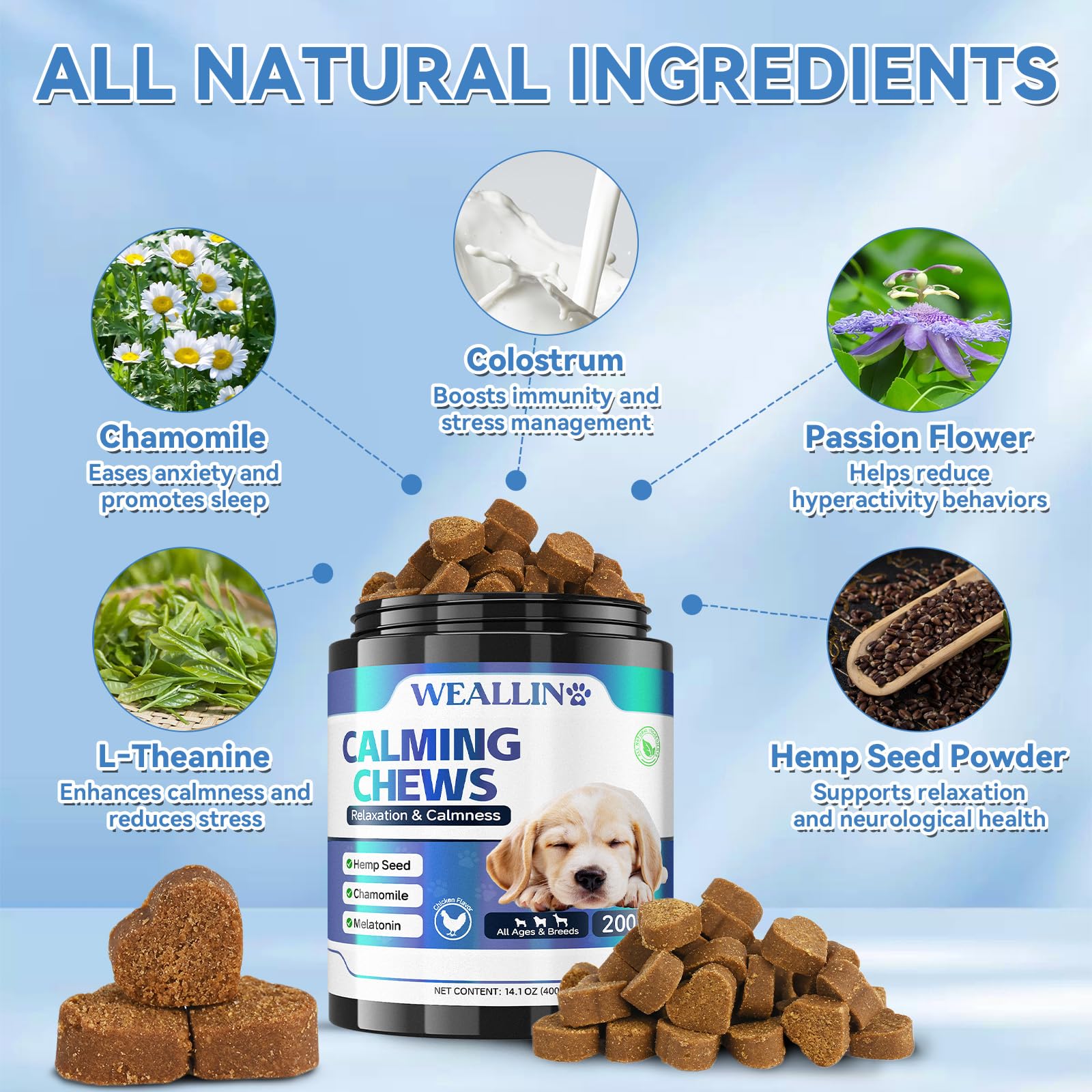 WEALLIN dog calming chews texture close-up with grain-free formula