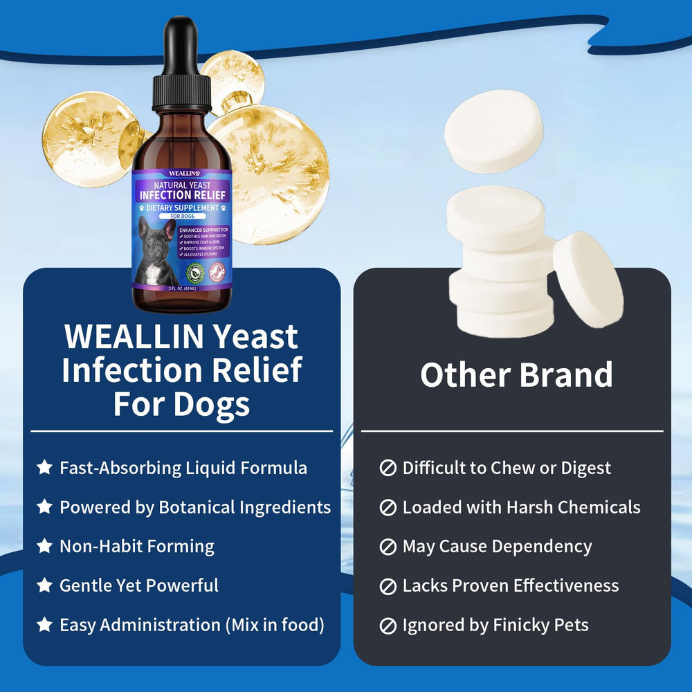 WEALLIN dog ear care scene with drops nearby.