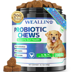 WEALLIN dog probiotic chews label highlights flavor and digestive support.