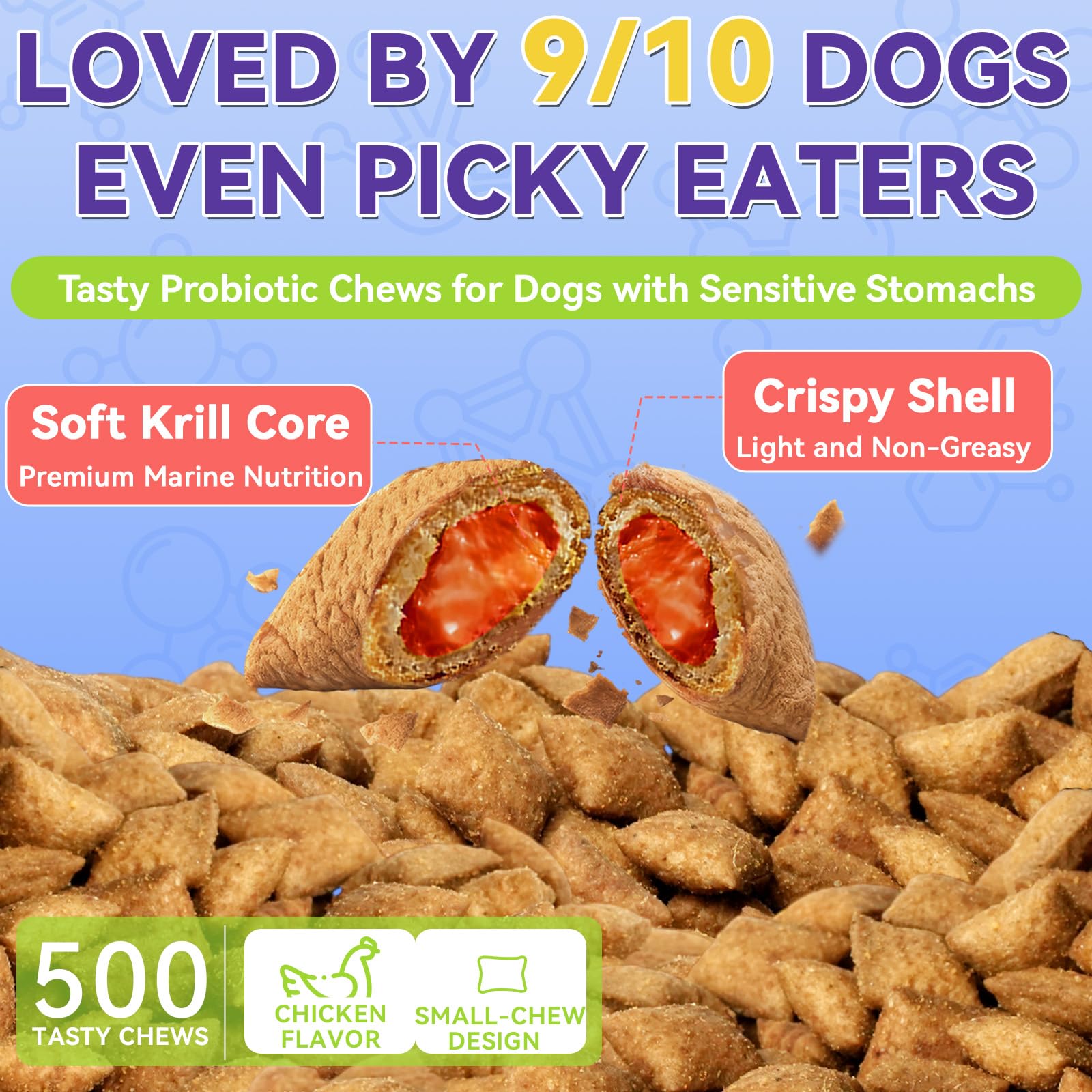 WEALLIN Dog Probiotics Chews Crispy Shell deliver easy chewing experience.