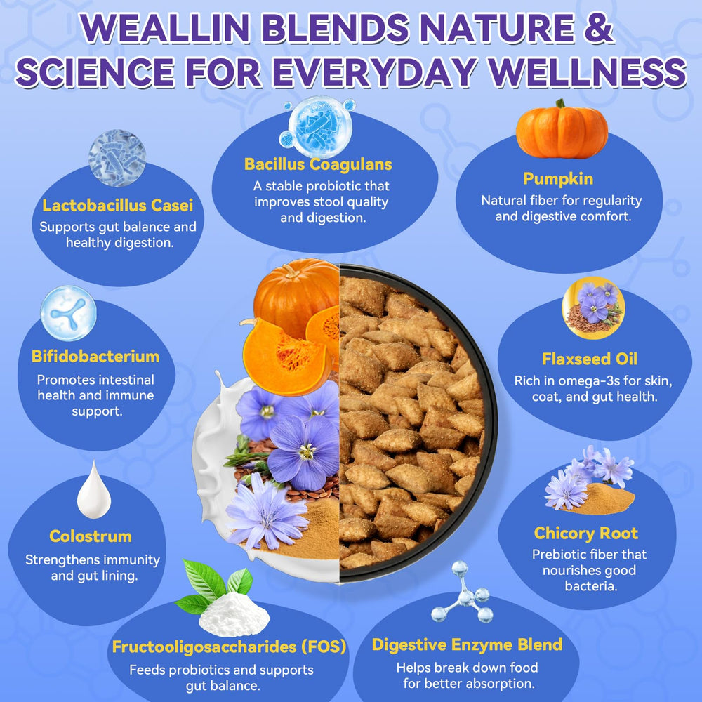 WEALLIN Dog Probiotics Chews Flaxseed Oil nourishes skin and coat.