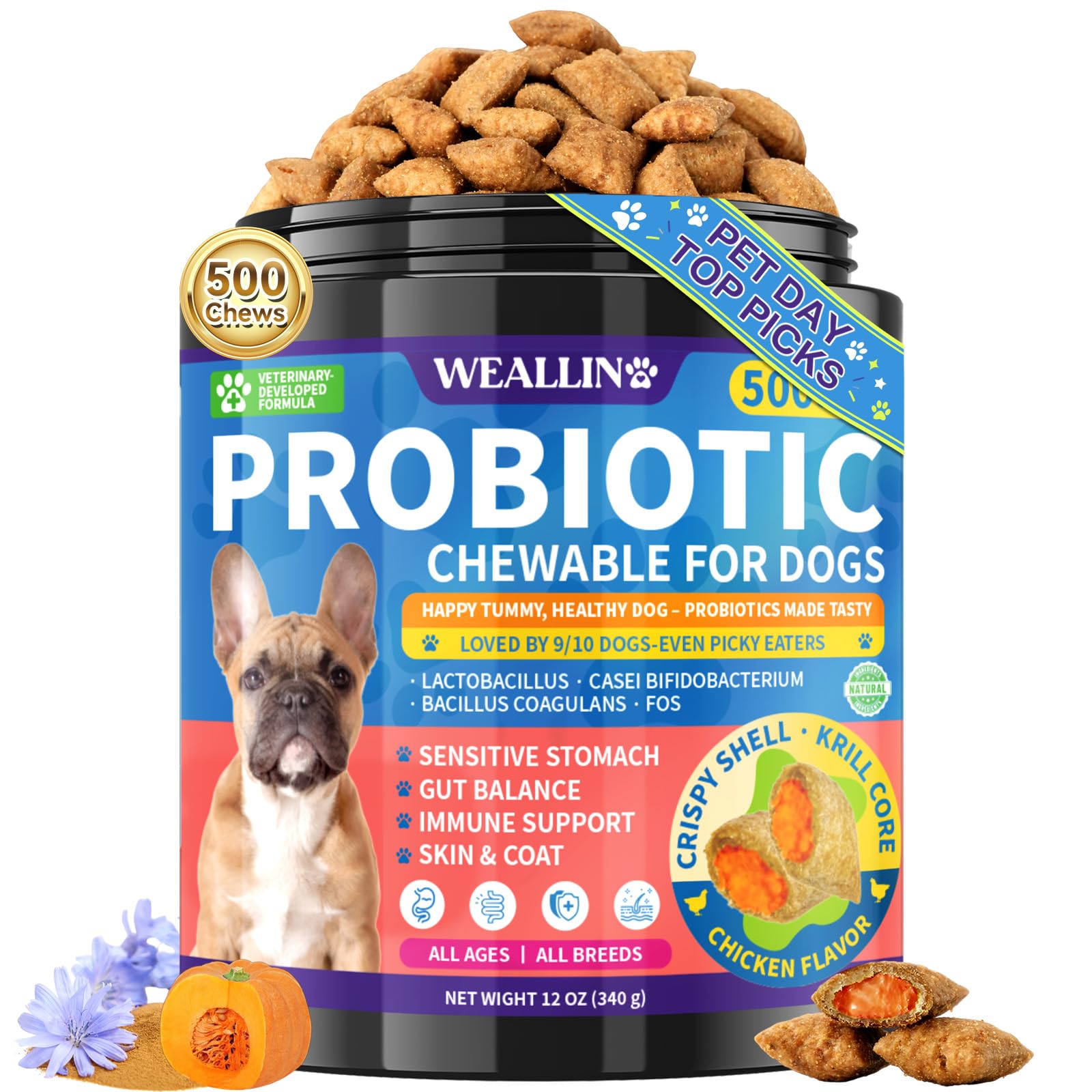 WEALLIN Dog Probiotics Chews with Krill Core support gentle digestion.