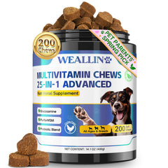 WEALLIN Dog Vitamins bottle closeup highlighting premium multivitamin for joints and coat