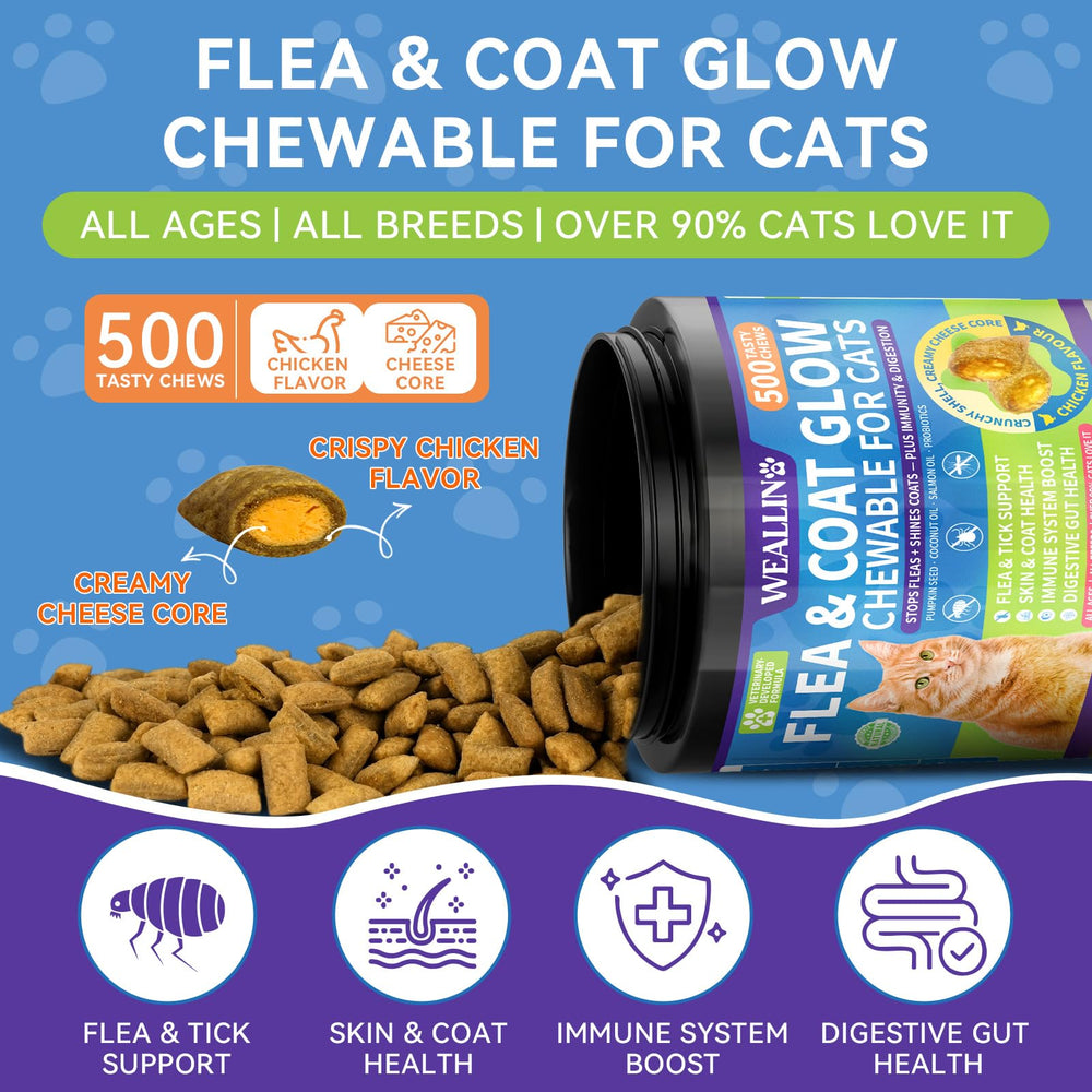 WEALLIN flea-tick chews serving dish highlights tasty reward feeding for pets.