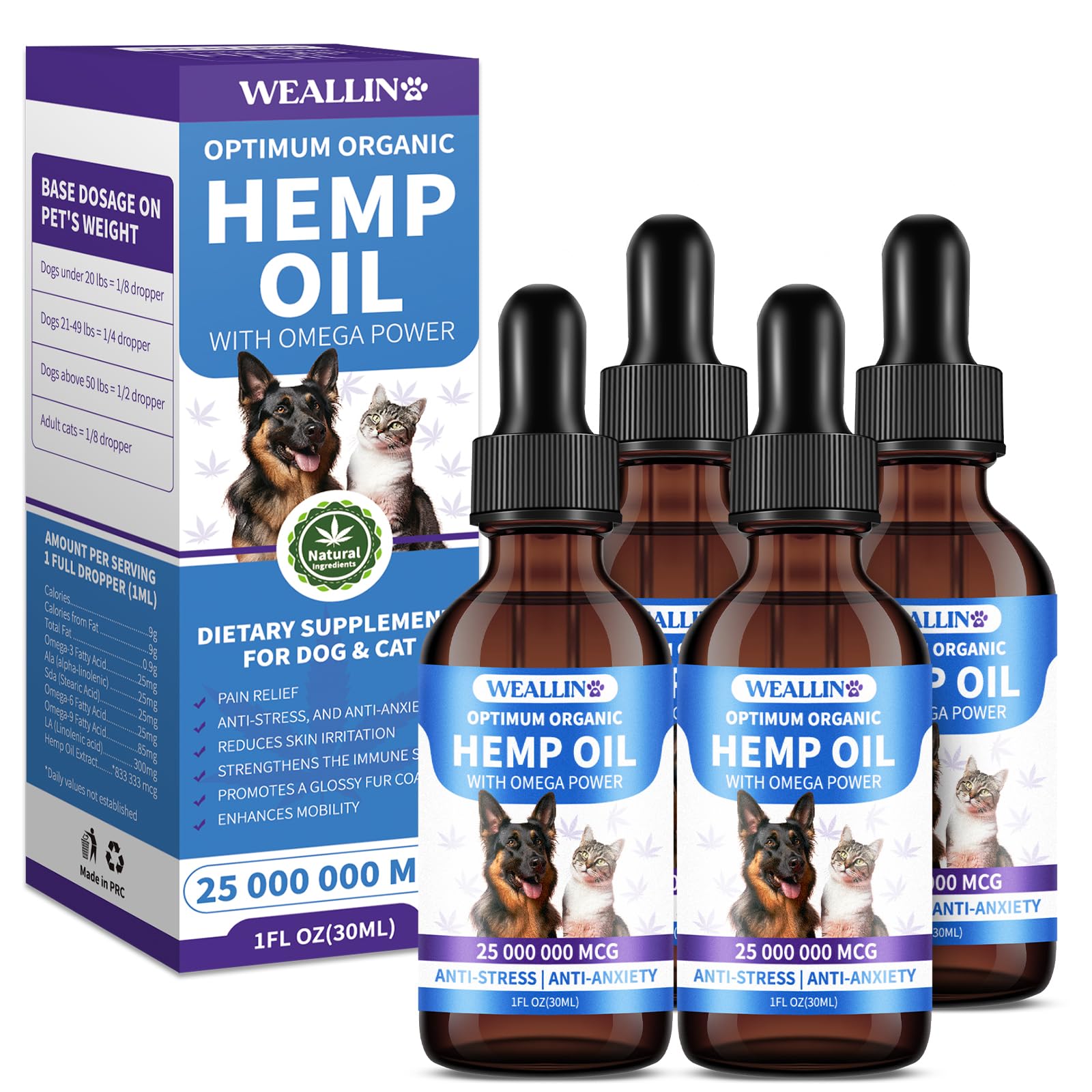 WEALLIN hemp oil bottle pour shows easy dosing for calming pets and supporting joints