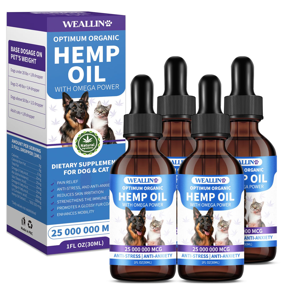 WEALLIN hemp oil bottle pour shows easy dosing for calming pets and supporting joints