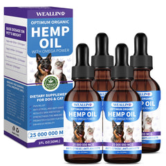 WEALLIN hemp oil bottle pour shows easy dosing for calming pets and supporting joints