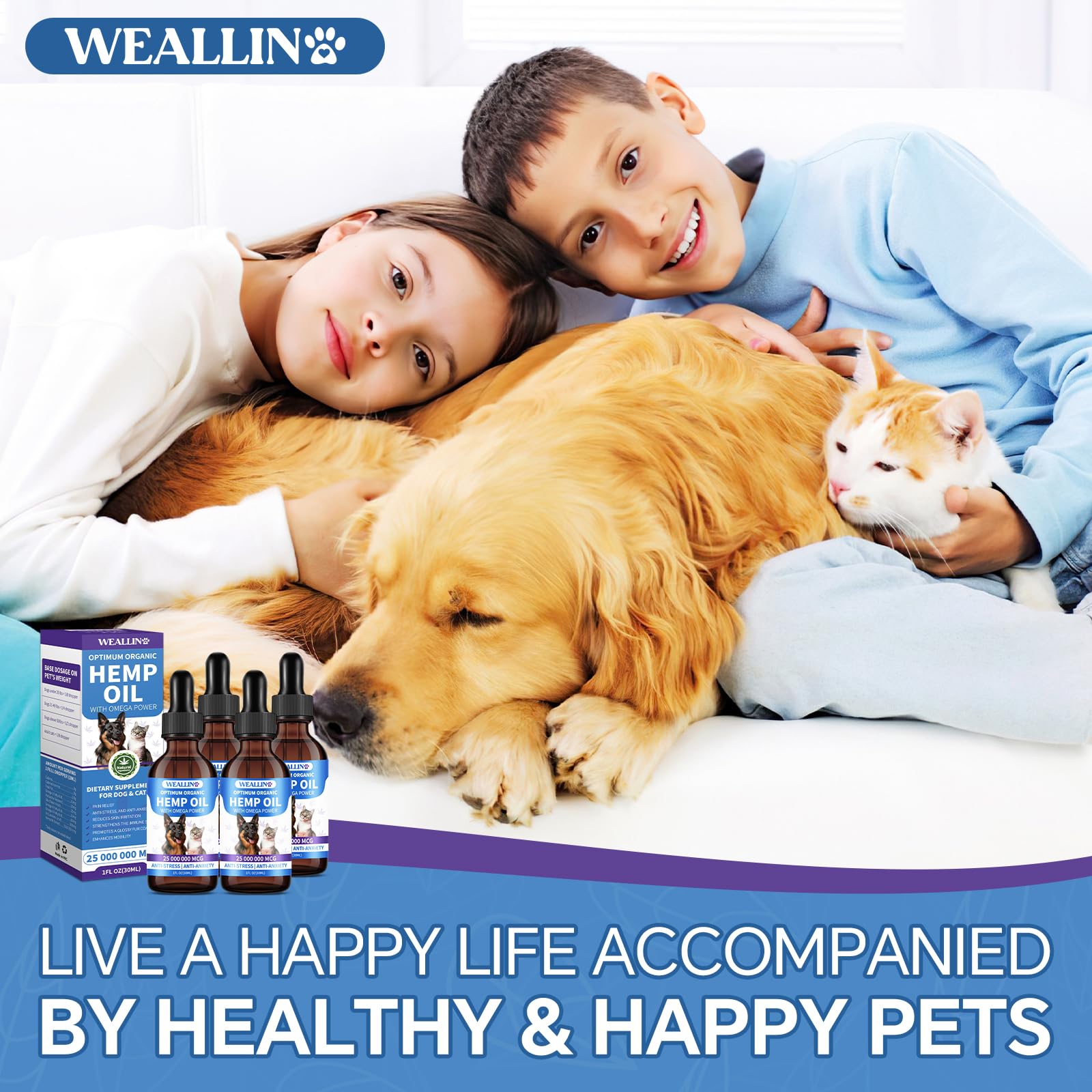 WEALLIN hemp oil packaging front highlights product and four-pack value