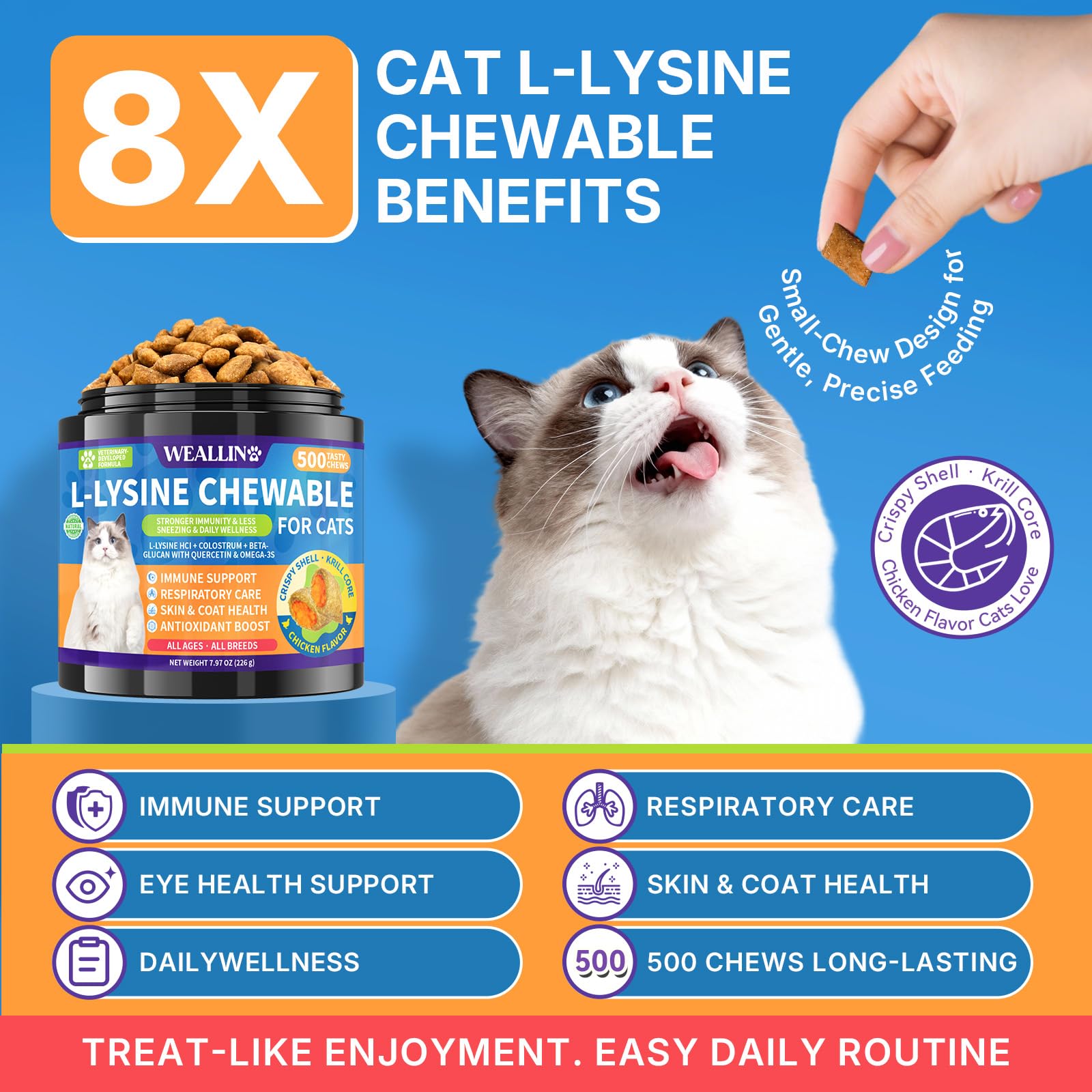 WEALLIN L-Lysine chews for cats, chicken flavor, appealing daily treat.